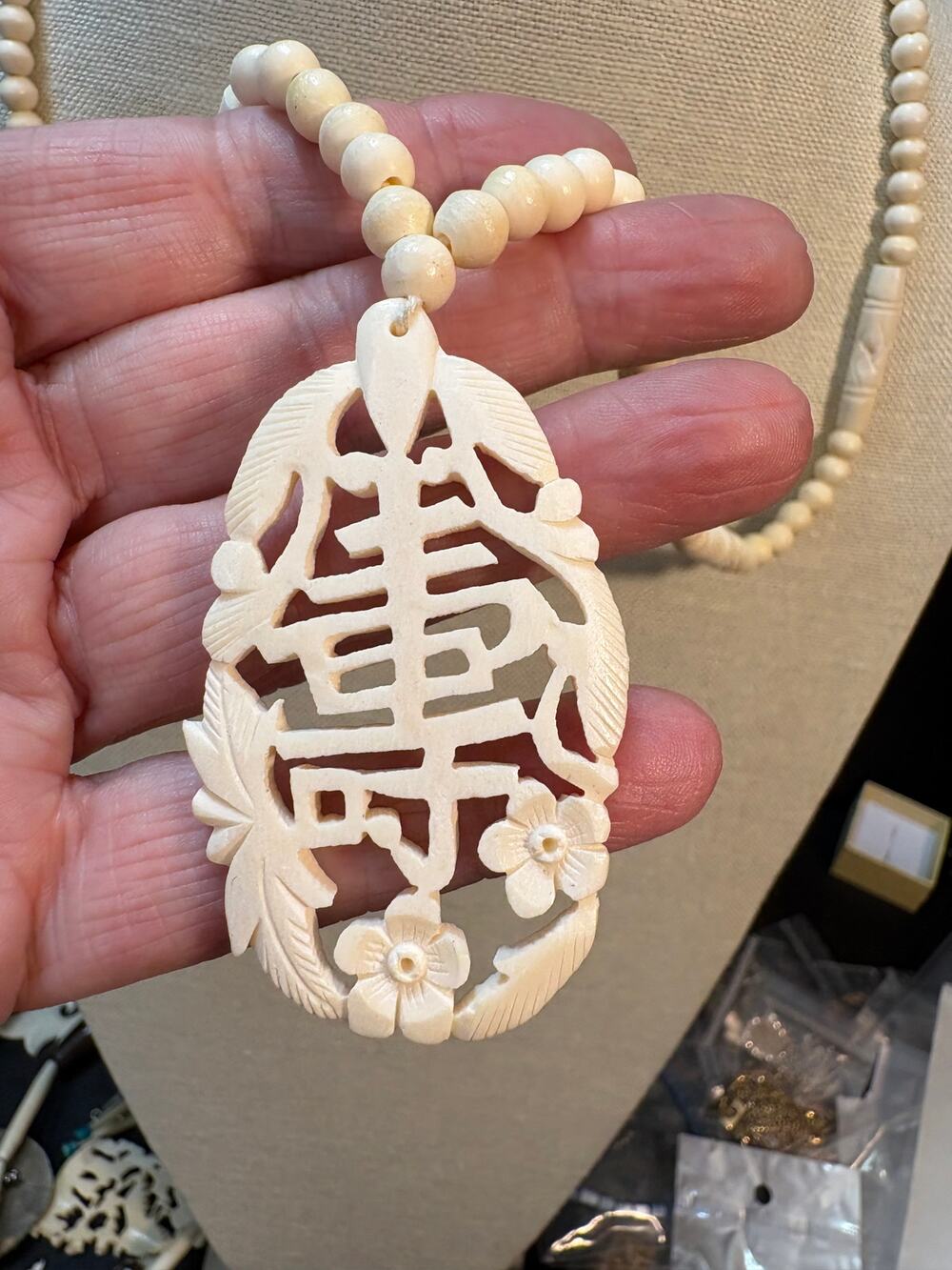 Vintage Carved Bone Longevity Pendant Necklace, Hand-Carved Floral Motif, 28”